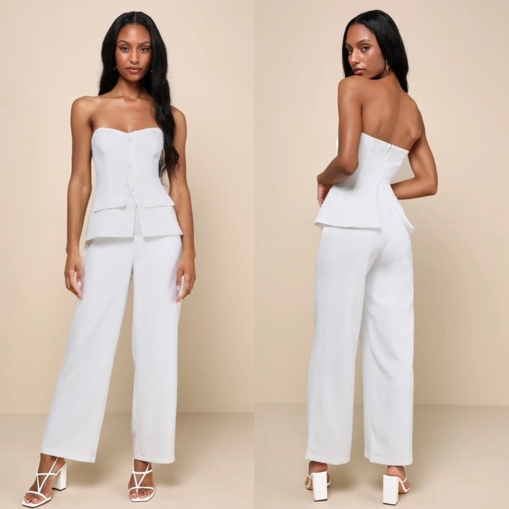 Lulus Sophisticated Angel White Strapless Vest Jumpsuit Wedding Bride Party Prom